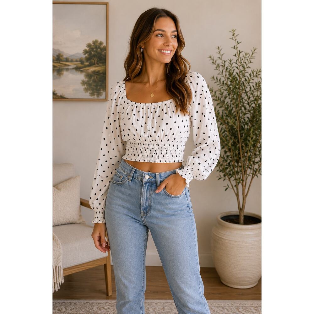 AFRM White & Black Polka Dot Smocked Crop Top Long Sleeve Blouse Large - Picture 1 of 8